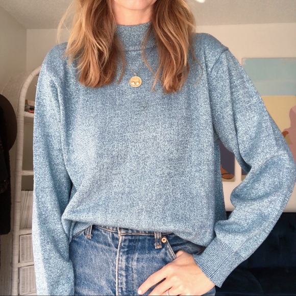 Vintage Sweaters - Sparkly Blue Vintage Turtleneck Sweater